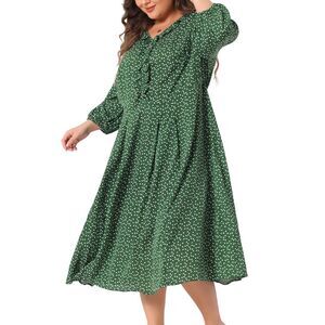 Plus Size Dress Elbow Sleeve Sweetheart Print Midi Ruffle Dresses Green